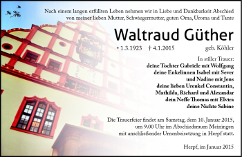 Traueranzeige von Waltraud Güther von Südthüringer Presse