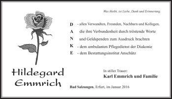 Traueranzeige von Hildegard Emmrich von Südthüringer Presse