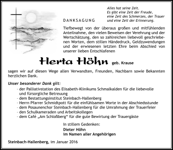 Traueranzeige von Herta Höhn von Südthüringer Presse