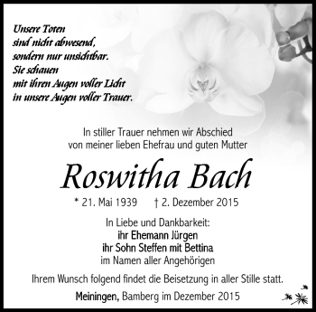 Traueranzeige von Roswitha Bach von Südthüringer Presse