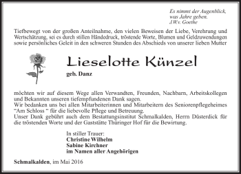Traueranzeige von Lieselotte Künzel von Südthüringer Presse