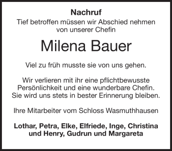 Traueranzeige von Milena Bauer von Neue Presse Coburg