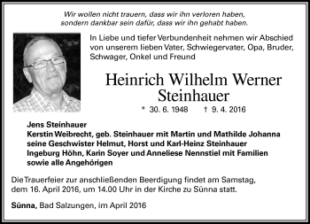Traueranzeige von Heinrich Wilhelm Werner Steinhauer von Südthüringer Presse