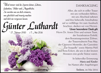 Traueranzeige von Günter Luthardt von Südthüringer Presse