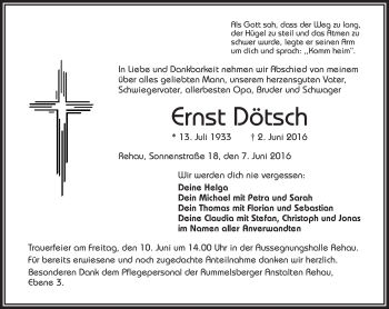 Traueranzeige von Ernst Dötcsh von Frankenpost