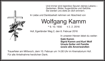 Traueranzeige von Wolfgang Kamm von Frankenpost