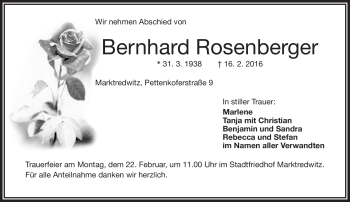 Traueranzeige von Bernhard Rosenberger von Frankenpost