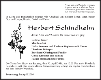 Traueranzeige von Herbert Schindhelm von Südthüringer Presse
