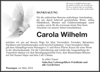 Traueranzeige von Carola Wilhelm von Südthüringer Presse