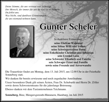 Traueranzeige von Günter Scheler von Südthüringer Presse