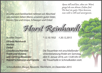 Traueranzeige von Horst Reinhardt von Südthüringer Presse
