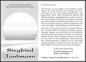 Traueranzeige von Siegfried Taubmann von Südthüringer Presse
