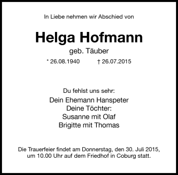 Traueranzeige von Helga Hofmann von Neue Presse Coburg