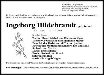 Traueranzeige von Ingeborg Hildebrandt von Südthüringer Presse