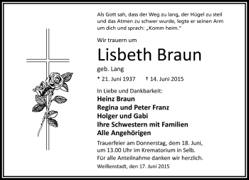 Traueranzeige von Lisbeth Braun von Frankenpost