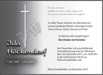 Traueranzeige von Ida Höckendorf von Südthüringer Presse