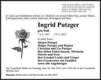 Traueranzeige von Ingrid Putzger von Südthüringer Presse