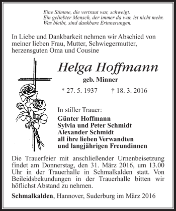 Traueranzeige von Helga Hoffmann von Südthüringer Presse