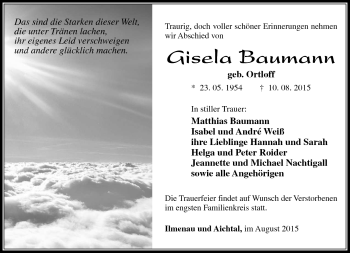 Traueranzeige von Gisela Baumann von Südthüringer Presse