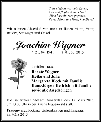 Traueranzeige von Joachim Wagner von Südthüringer Presse