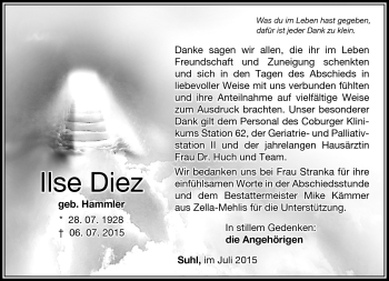 Traueranzeige von Ilse Dietz von Südthüringer Presse