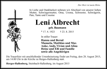 Traueranzeige von Leni Albrecht von Südthüringer Presse