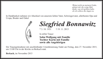 Traueranzeige von Siegfried Bonnawitz von Südthüringer Presse