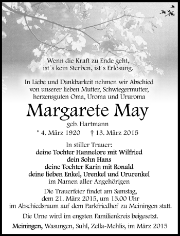 Traueranzeige von Margarete May von Südthüringer Presse