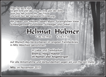 Traueranzeige von Helmut Hübner von Südthüringer Presse