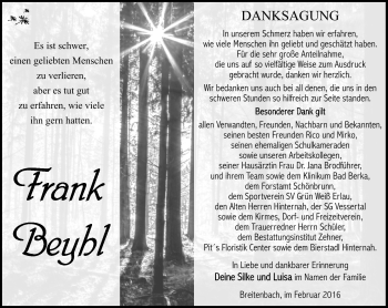 Traueranzeige von Frank Beyhl von Südthüringer Presse
