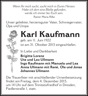 Traueranzeige von Karl Kaufmann von Südthüringer Presse
