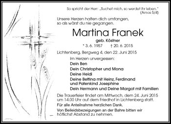 Traueranzeige von Martina Franek von Frankenpost