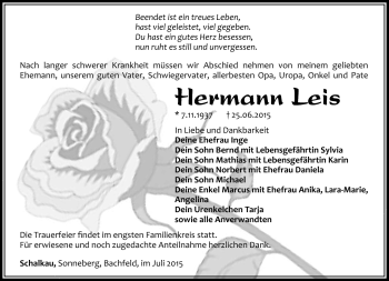 Traueranzeige von Hermann Leis von Südthüringer Presse