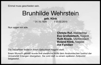 Traueranzeige von Brunhilde Wehrstein von Neue Presse Coburg