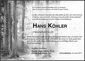 Traueranzeige von Hans Köhler von Südthüringer Presse