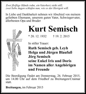 Traueranzeige von Kurt Semisch von Südthüringer Presse