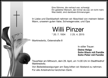 Traueranzeige von Willi Pinzer von Frankenpost
