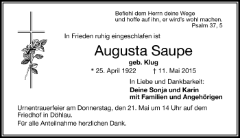 Traueranzeige von Augusta Saupe von Frankenpost