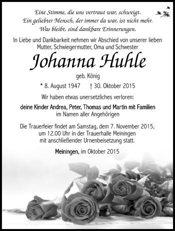 Traueranzeige von Johanna Huhle von Südthüringer Presse