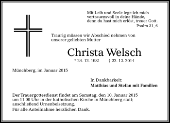 Traueranzeige von Christa Welsch von Frankenpost