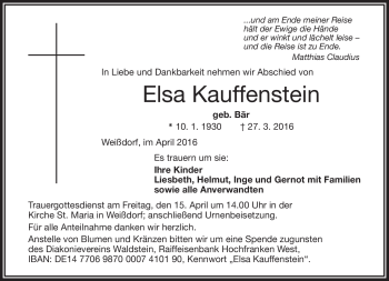 Traueranzeige von Elsa Kauffenstein von Frankenpost