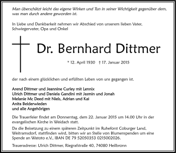Traueranzeige von Dr. Bernhard Dittmer von Neue Presse Coburg