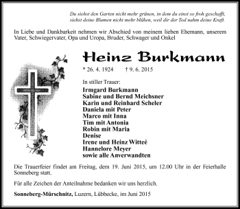 Traueranzeige von Heinz Burkmann von Südthüringer Presse