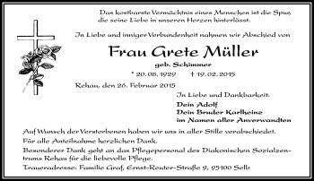 Traueranzeige von Grete Müller von Frankenpost