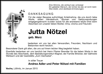 Traueranzeige von Jutta Nötzel von Südthüringer Presse