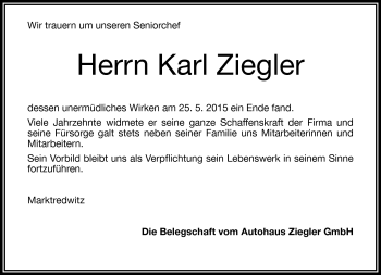 Traueranzeige von Karl Ziegler von Frankenpost