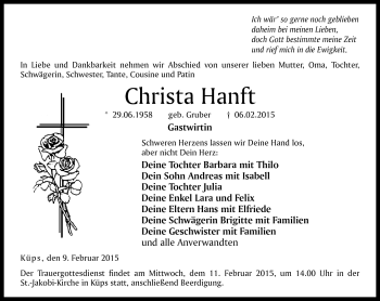 Traueranzeige von Christa Hanft von Neue Presse Coburg
