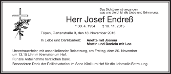 Traueranzeige von Josef Endreß von Frankenpost