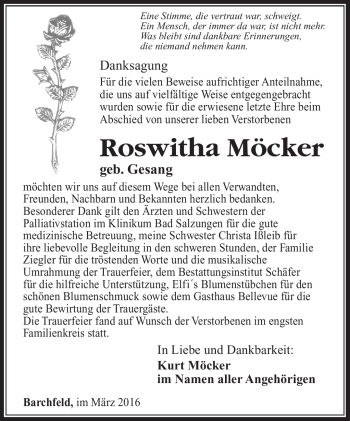 Traueranzeige von Roswitha Möcker von Südthüringer Presse