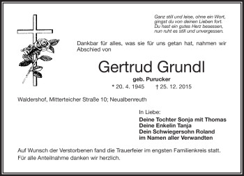 Traueranzeige von Gertrud Grundl von Frankenpost